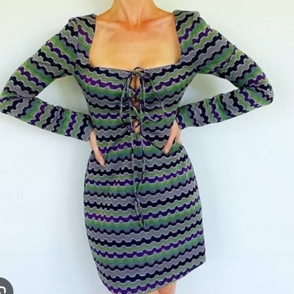 Zara NWOT Green and purple metallic geo stripe mini dress, boho 70s, size small - Picture 1 of 9
